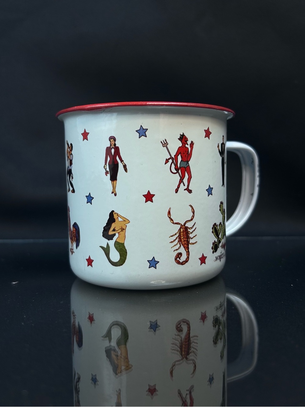 Wajiro Dream Metal Enamel Coffee Mug with Mexican Loteria Tattoo Design 3" Tall - Picture 7 of 16
